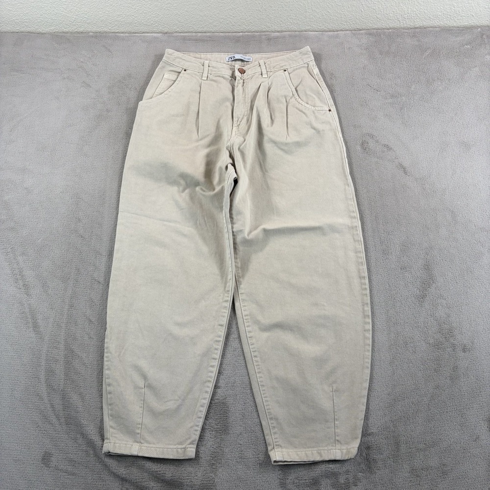 Zara Pleated High Rise Barrel Leg Denim Pants in Beige Women 6
